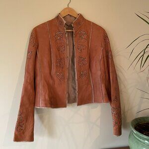 Vintage Elie Tahari Ornate Brown Leather Biker Jacket with linen lining - medium